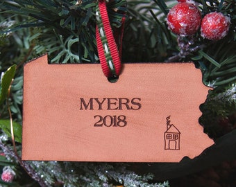 Personalized Leather Christmas Ornament | Home Ornament | Personalized Pennsylvania Ornament | Custom Map Gift | Pennsylvania Gifts