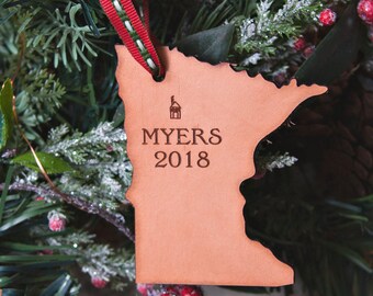 Personalized Leather Christmas Ornament | Personalized New Home Ornament | Custom Minnesota Ornament | Custom Map Gift | Minnesota Gifts