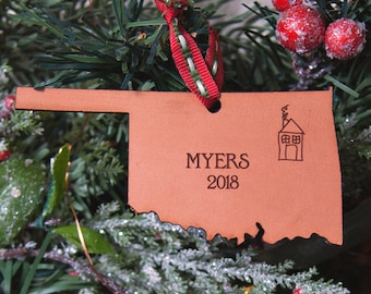 Personalized Leather Christmas Ornament | Personalized New House Ornament | Personalized Oklahoma Ornament | Custom Map Gift | Realtor Gift