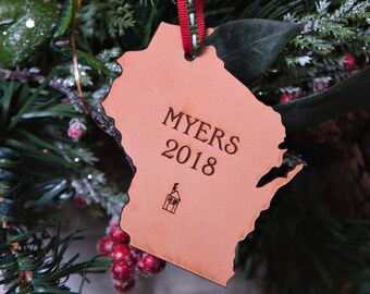 Personalized Leather Christmas Ornament | Personalized New Home Ornament | Personalized Wisconsin Map Ornament | Custom Map Gift