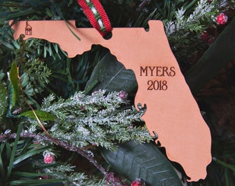 Personalized Leather Christmas Ornament | Personalized New Home Ornament | Personalized Florida Ornament | Custom Map Gift | Florida Gifts