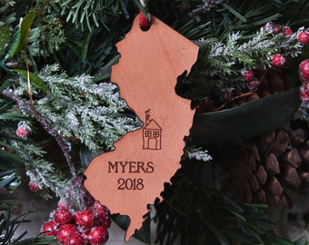 Personalized Leather Christmas Ornament | Personalized New Home Ornament | Personalized New Jersey Ornament | Custom Map Gift | Realtor Gift