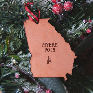 Adorno navideño de cuero personalizado / Adorno personalizado para el nuevo hogar / Adorno personalizado del estado de Georgia / Regalo con mapa personalizado