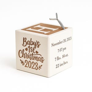 Personalized Baby&#39;s First Christmas Ornament: Engraved Maple Wood Block (Stylized Design)