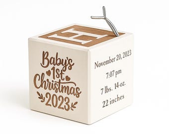 Personalized Baby&#39;s First Christmas Ornament: Engraved Maple Wood Block (Stylized Design)