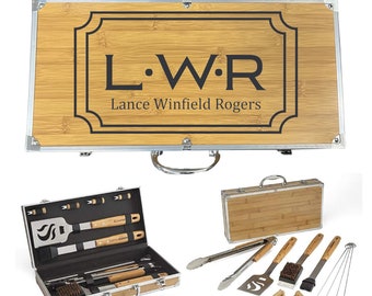 Personalized BBQ Grill Set, Engraved Bamboo Case, Anniversary Gift
