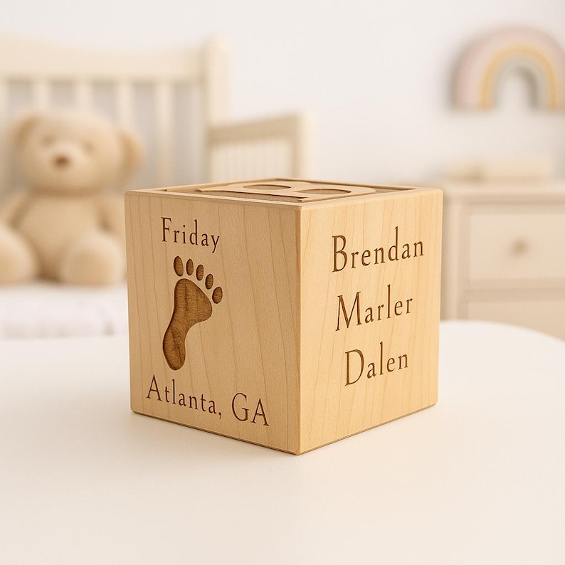 Baby Block: Personalized Wooden Engraved Name & Birth Stats Keepsake image 2