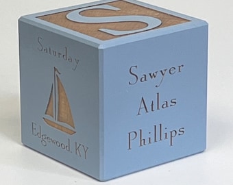 Wooden Baby Block Gift Sailboat Nursery Decor Twin Baby Block Engraved Wooden Block Sailboat Gift Blue Gift for Baby Boy Sailboat Nursery