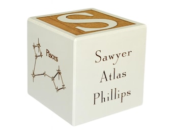 Zodiac Constellation Engraved Baby Block: Personalized Birth Stats Keepsake