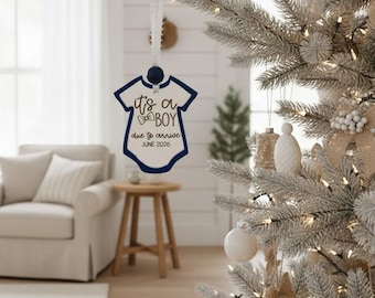 Gender Reveal Christmas Ornament: 'It's a Boy' Announcement Wooden Onesie Bauble 3.5 inches