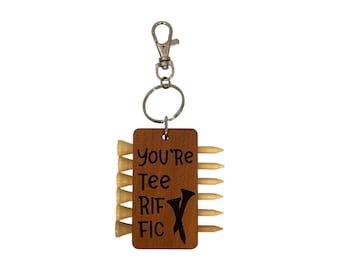 Engraved Wooden Golf Tee Holder Keychain – Maple or Cherry 3.5x1.75