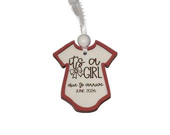 Gender Reveal Ornament: 'It's a Girl' Announcement Wooden Onesie Christmas Bauble 3.5 inches