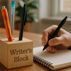Writer&#39;s Block Desk Accessory Gifts for Writers, Professor, Author, Poet- Pen Holder Desk Decor Office Gifts for Husband Work from Home