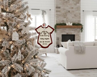 Christmas Baby Reveal Ornament: Engraved Wooden Onesie, Pregnancy Announcement