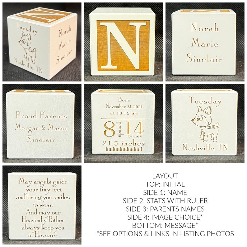 Bloque para bebé con regla para registrar las estadísticas de nacimiento - Recuerdo de madera personalizado grabado, arce imagen 2