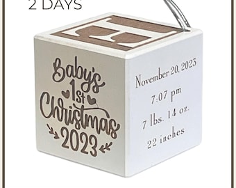 Personalized Baby's First Christmas Ornament: Engraved Maple Wood Block (Stylized Design)