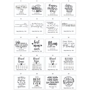 May include: A grid of 40 different Mother's Day gift ideas. Each square features a unique design with a message and a date. The designs include hearts, flowers, and text.