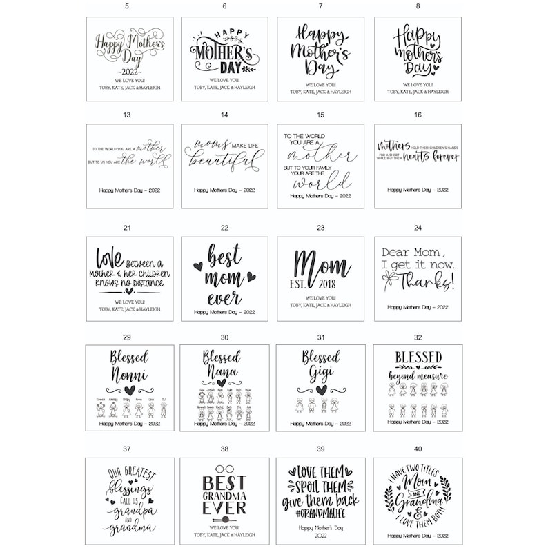 May include: A grid of 40 different Mother's Day gift ideas. Each square features a unique design with a message and a date. The designs include hearts, flowers, and text.