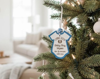 Gender Reveal Ornament : Wooden Baby Boy Onesie Bauble Pregnancy Announcement 3.5 inches