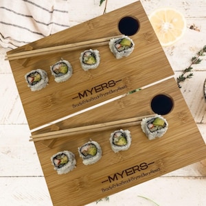 Sushi lover gift personalized engraved sushi board set with chopsticks for couples - serving sushi for two, unique sushi gifts