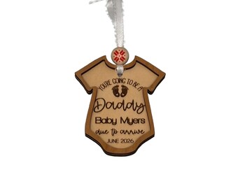 Baby Announcement Christmas Ornament: 'Going to be a Daddy' Wooden Onesie Bauble 3.5 inches