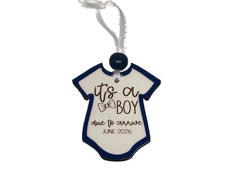 Gender Reveal Ornament: 'It's a Boy' Announcement Wooden Onesie Christmas Bauble 3.5 inches