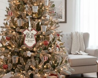 Gender Reveal Christmas Ornament: 'It's a Girl' Announcement Wooden Onesie Bauble 3.5 inches