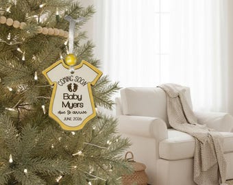 Coming Soon New Baby Ornament: Wooden Pregnancy Reveal Onesie Christmas Bauble 3.5 inches
