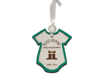 Pregnancy Reveal Ornament: 'Boots or Bows' Wooden Onesie Christmas Bauble 3.5 inches