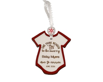 Christmas Baby Reveal Ornament: Wooden Pregnancy Announcement Onesie Bauble 3.5 inches