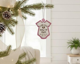 Gender Reveal Ornament: 'Coming Soon Baby Girl' Wooden Onesie Bauble 3.5 inches