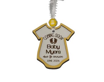 Pregnancy Reveal Ornament: Baby 'Coming Soon' Wooden Onesie Christmas Bauble 3.5 inches