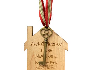 Personalized First Home Ornament: Maple Wood with Skeleton Key