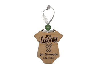Twins Reveal Ornament: Twin Pregnancy Announcement Wooden Onesie Christmas Bauble 3.5 inches