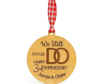 3rd Anniversary Ornament: Traditional Leather Anniversary Gift - Engraved Christmas Bauble