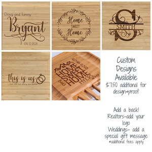 May include: Six different designs for personalized wooden cutting boards. The designs include a couple's name and wedding date, a home sweet home design with a wreath, a monogram with a last name, a home sweet home design with a house, a design that says "This is us" with a ring, and a design that says "Custom Designs Available".