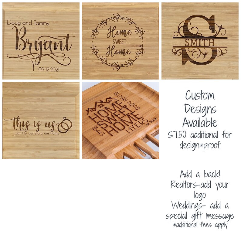 May include: Six different designs for personalized wooden cutting boards. The designs include a couple's name and wedding date, a home sweet home design with a wreath, a monogram with a last name, a home sweet home design with a house, a design that says "This is us" with a ring, and a design that says "Custom Designs Available".
