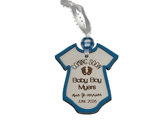 Gender Reveal Ornament: 'Coming Soon Baby Boy' Wooden Onesie Bauble 3.5 inches
