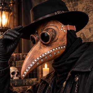 May include: A plague doctor mask featuring a long, weathered brown beak with silver-toned rivets along the edges and dark circular eye lenses. The mask is secured with a brown leather strap and buckle, worn with a black wide-brimmed hat and gloves.