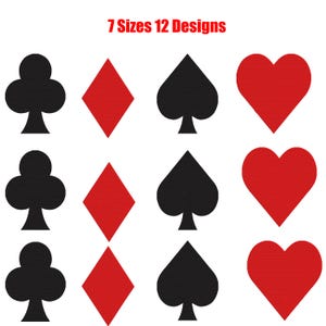 May include: A digital graphic displaying the text 7 Sizes 12 Designs in red font above a grid of playing card suit symbols. The symbols include black clubs, red diamonds, black spades, and red hearts arranged in three rows and four columns.