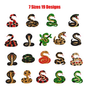 May include: A collection of 19 snake illustrations in various colors and patterns, including red, black, green, and tan, arranged in a grid. The text "7 Sizes 19 Designs" appears in red at the top. Each snake is depicted with a visible tongue.