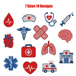 May include: A collection of 14 medical-themed embroidery designs featuring a blood drop, nurse cap, stethoscope, syringe, caduceus, bandages, brain, heart, first aid kit, lungs, hospital building, star of life, and ambulance.