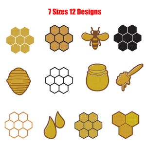 Könnte beinhalten: Eine Sammlung von 12 Stickmustern mit Honigmotiven, darunter Wabenmuster, eine Biene, ein Bienenstock, ein Honigglas, ein Honiglöffel und Honigtropfen. Der Text 7 Sizes 12 Designs steht oben in roter Schrift.