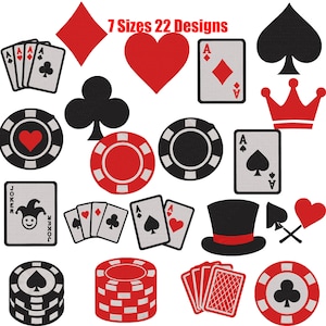 Könnte beinhalten: Eine Sammlung von Stickmustern zum Thema Casino mit Spielkarten, Pokerchips, Kartensymbolen, einer Krone und einem Zylinder in Rot, Schwarz und Weiß. Der Text 7 Sizes 22 Designs ist oben abgebildet. Diese digitalen Grafiken zeigen verschiedene Glücksspielsymbole.