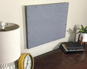 Storm Gray Burlap Covered Cork Board with Decorative Tacks, 16"x20"/20"x16"