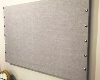 Gray Burlap Cork Board with Decorative Bronze or Silver Tacks, 24"x36"/36"x24", Wedding Guest Board, Bulletin Board