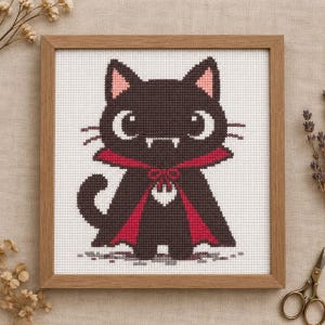 Halloween Vampire Cat Cross Stitch Pattern PDF, Cute Black Cat Pixel Art Chart, Spooky Kawaii Kitten Digital Download