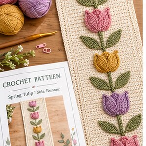 Patrón de camino de mesa de tulipanes a crochet en PDF, decoración floral primaveral para el hogar, descarga digital.