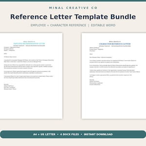 May include: A digital reference letter template bundle by Minal Creative Co. The document includes an employee recommendation letter and a character reference letter in editable Word format, featuring placeholders for contact and professional details.