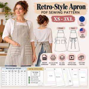 Peut inclure: Un patron de couture PDF numérique pour un tablier de style rétro en tailles XS-3XL. L'image montre le tablier porté, des dessins techniques de face et de dos, un tableau des tailles, des instructions d'impression et un carré test de 5 x 5 cm.